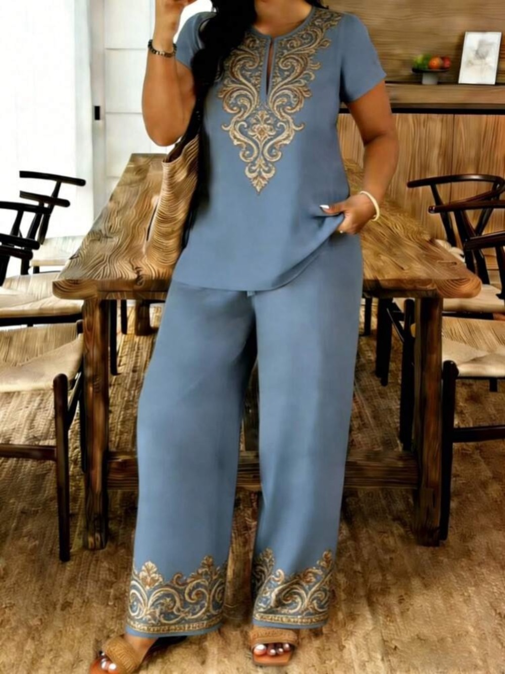Elegant Women's Blue Embroidered Two-Piece Set
